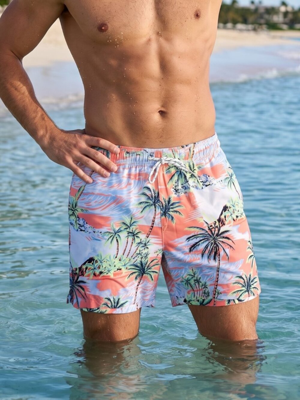 NWOT | Pink & Blue Tropical Palm Tree Graphic Mesh Lined Swim Shorts | Medium